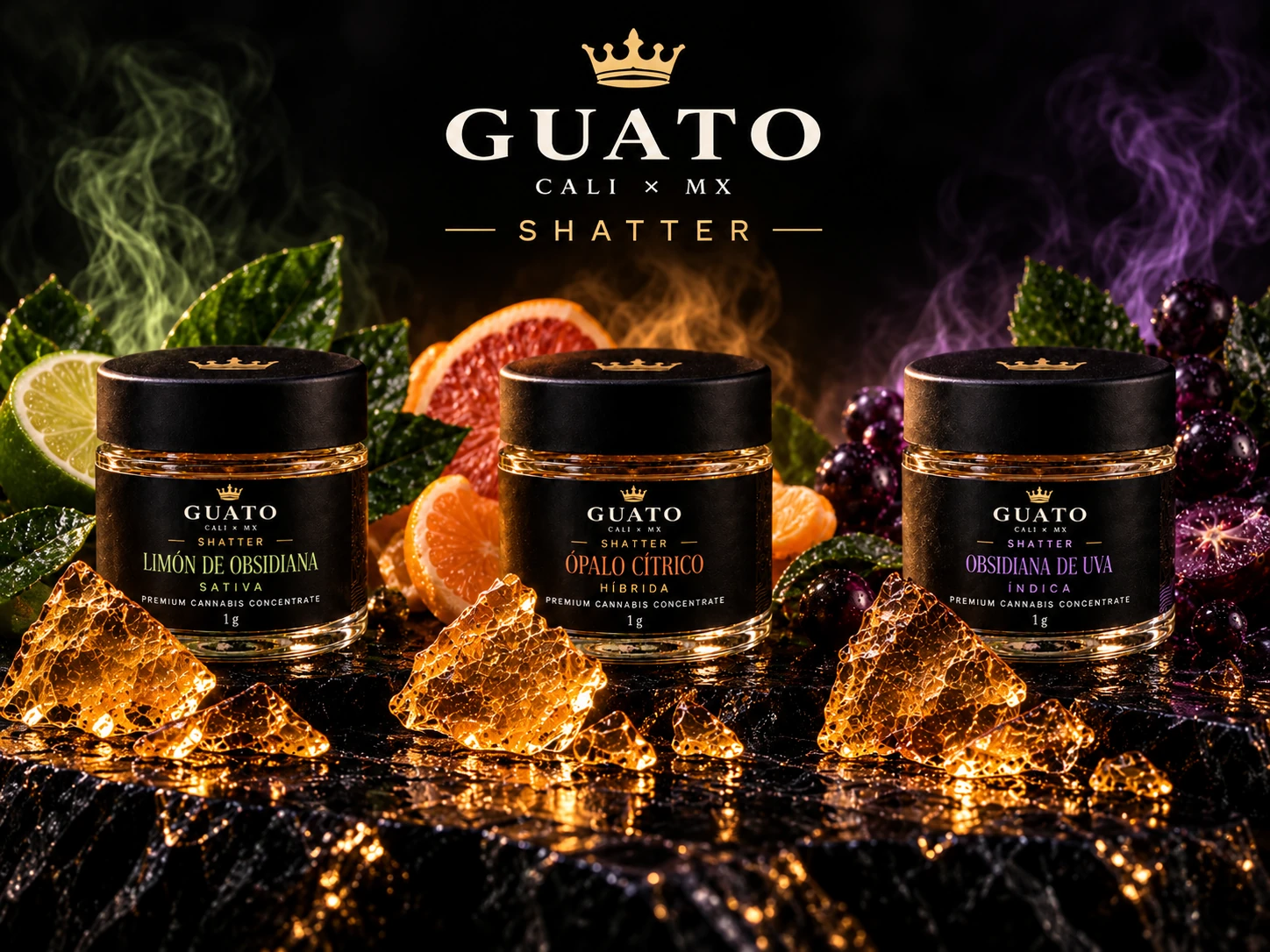Tres frascos GUATO Shatter: Limón de Obsidiana, Ópalo Cítrico y Obsidiana de Uva